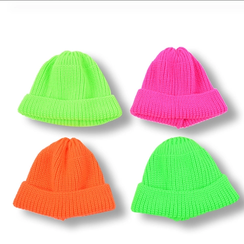 Kids Knitted Beanie Hat Soft Woolen Neon Fluorescent Color Skull Cap Cuffed Winter Warm For Boys Girls