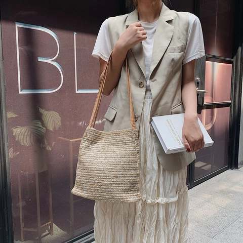 Sac À Épaule En Paille Tissée Pour Femmes Grande Capacité Bretelles En Cuir PU Été Plage Vacances Minimaliste Rétro Tote