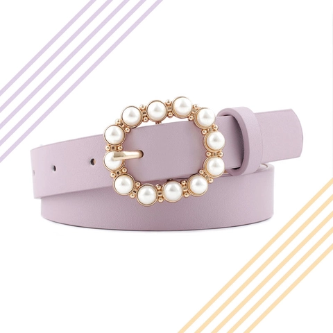 Cintura da Donna in Ecopelle Con Fibbia Rotonda in Perle Artificiali Cintura Sottile Versatile per Abiti Jeans Accessorio Moda