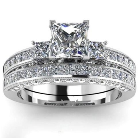 Couple Ring Alloy Crystal Zircon Princess Cut Brushed Finish Wedding Engagement Jewelry For Men And Women