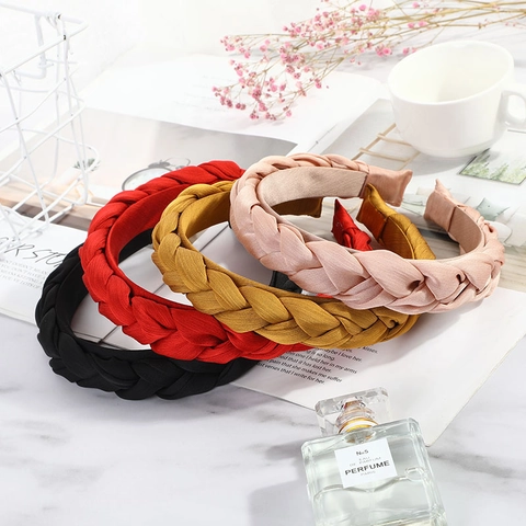 Wide Braided Headband Fabric Twisted Hair Hoop Elegant Solid Color Padded Headwear For Women Girls