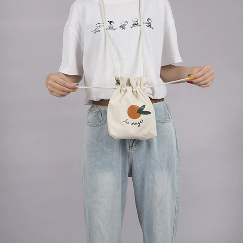 Small Canvas Drawstring Bucket Bag Shoulder Crossbody Purse Illustration Print Cute Cartoon Casual Style For Women Girls