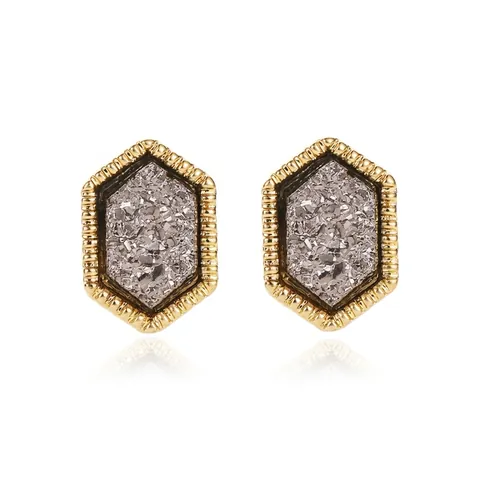 Vintage Hexagonal Alloy Druzy Stud Earrings For Women Western Style Geometric Rhinestone Colorful Earrings Fashion Jewelry Accessories
