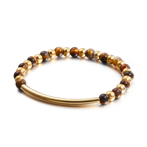 Natural Stone Beaded Bracelet With Stainless Steel Curved Tube Turquoise Tiger Eye Lava Rock Handmade Vintage Jewelry Unisex