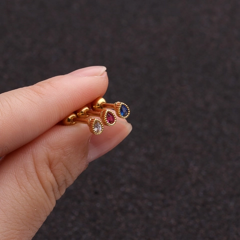 Water Drop Zircon Ear Cartilage Stud Stainless Steel Copper Barbell Screw Back Body Piercing Jewelry Women Earring