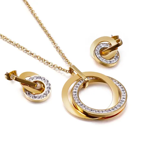 Stainless Steel Jewelry Necklace And Earrings Interlocking Rings Zircon Inlaid Fashion Minimalist For Women