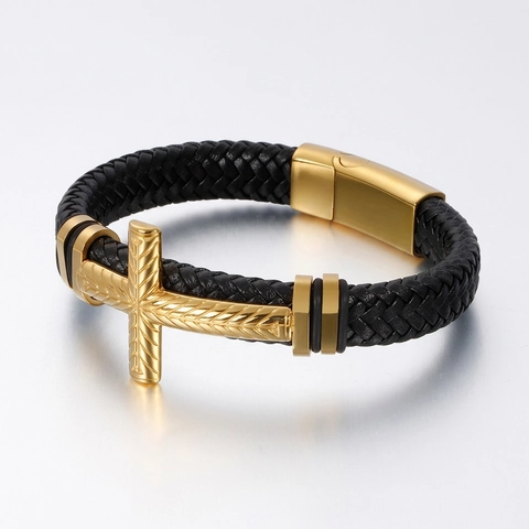 Men's Braided Leather Bracelet With 316L Stainless Steel Cross Charm Magnetic Clasp Woven Wristband Trendy Jewelry