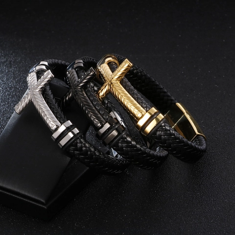 Men's Braided Leather Bracelet With 316L Stainless Steel Cross Charm Magnetic Clasp Woven Wristband Trendy Jewelry