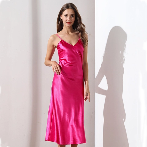 Women's Sexy V-Neck Satin Nightgown Spaghetti Strap Long Sleepwear Simple Casual Summer Home Gown Comfortable Breathable Nightdress