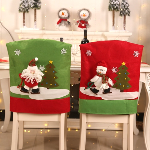 Christmas Chair Covers Santa Snowman Reindeer Skiing Pattern Fabric Dining Chair Back Protector Xmas Party Home Decor