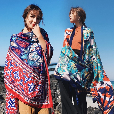 Women Bohemian Ethnic Print Large Shawl Scarf Sun Protection Beach Wrap With Tassel Lightweight Satin Look Polyester Scarf