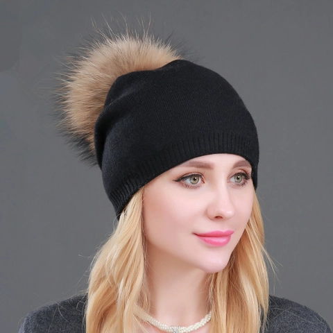 Damen Winter Kaschmir Strickmütze Mit Abnehmbarem Echt Raccoon Pelzbommel Warme Slouch Beanie Outdoor Thermische Kopfbedeckung