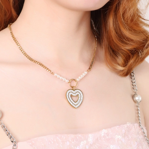 Elegante Collar De Corazón Y Pendientes De Perlas Artificiales De Acero Inoxidable Con Zirconia Y Colgante De Doble Corazón Hueco Joyas Para Mujer