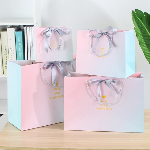 Sacs Cadeaux Dégradé Rose Bleu Carton Blanc Nœud Ruban Impression Cœur Emballage Fournitures Fête Anniversaire