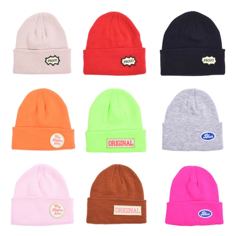 Kids Knit Beanie Hat Soft Warm Woolen Solid Color Cute Patch Decor Casual Autumn Winter For Boys And Girls