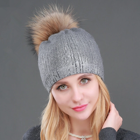 Gorro De Punto De Invierno Para Mujer Mezcla De Lana Y Acrílico Cálido Cortavientos Con Pompón De Piel De Mapache