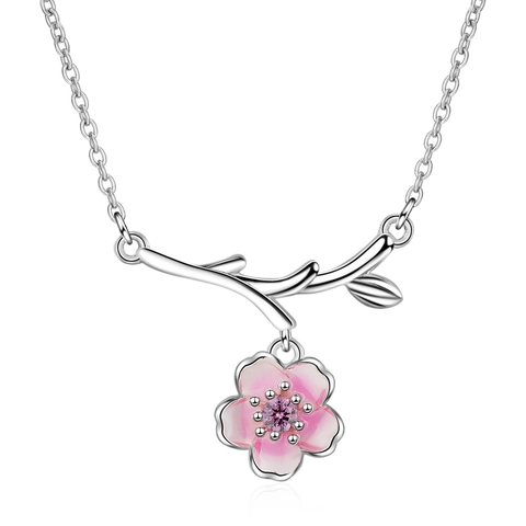 Cherry Blossom Pendant Necklace Silver Plated Copper Pink Enamel Flower Zircon Branch Elegant Jewelry For Women