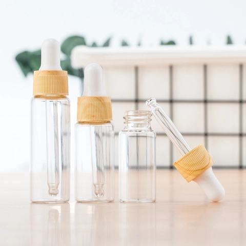 Transparent Glass Dropper Bottles With Wood Grain Lid Portable Empty Refillable Essential Oil Serum Cosmetic Container Travel Size