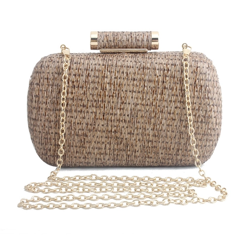 Handmade Straw Woven Evening Clutch Bag With Gold Metal Buckle And Chain Strap Summer Vacation Handbag For Women