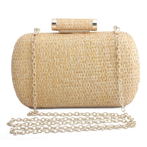Handmade Straw Woven Evening Clutch Bag With Gold Metal Buckle And Chain Strap Summer Vacation Handbag For Women