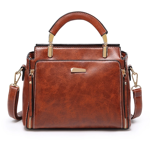 Bolso De Mano Retro Para Mujer Cuero PU Textura De Cera De Aceite Bolso De Hombro Herrajes Dorados Correa Desmontable Elegante