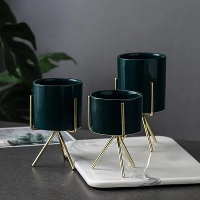 Nordic Style Ceramic Plant Pot With Gold Metal Tripod Stand Modern Minimalist Desktop Succulent Flower Vase Home Decor