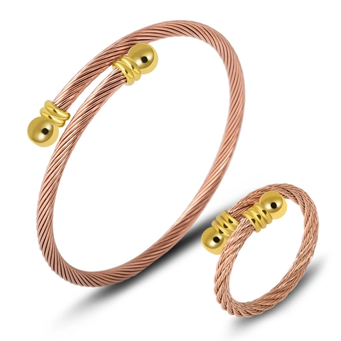 Stainless Steel Twisted Cable Wire Rope Bracelet And Ring Jewelry Set For Women Men Adjustable Open Cuff Bangle Finger Ring