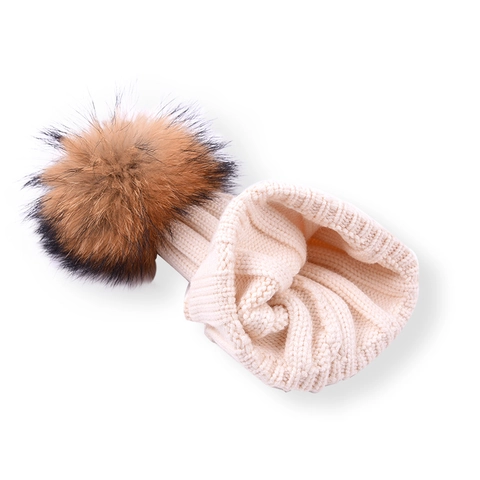 Children's Ribbed Knit Beanie Winter Hat With Real Raccoon Fur Pom Pom For Boys Girls Solid Color Warm Cap 1-4 Years Old