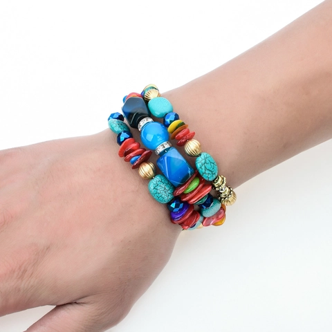 Bohemian Multi-layer Beaded Bracelet Alloy Natural Stone Resin Acrylic Vintage Ethnic Style Elastic Jewelry For Women