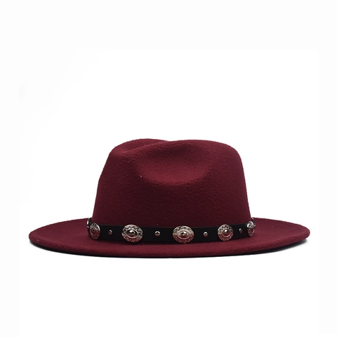 Cappello Fedora In Feltro Di Lana Tesa Larga Piatta Cintura Concho Borchie Metalliche Elegante Cowboy Western Jazz Unisex