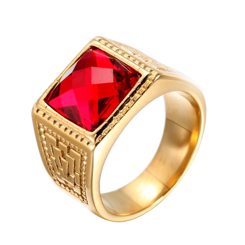 Herren Siegelring Edelstahl Quadratischer Roter Schwarzer Rhinestone Breites Band Geometrisches Muster Mode Schmuck Vergoldet
