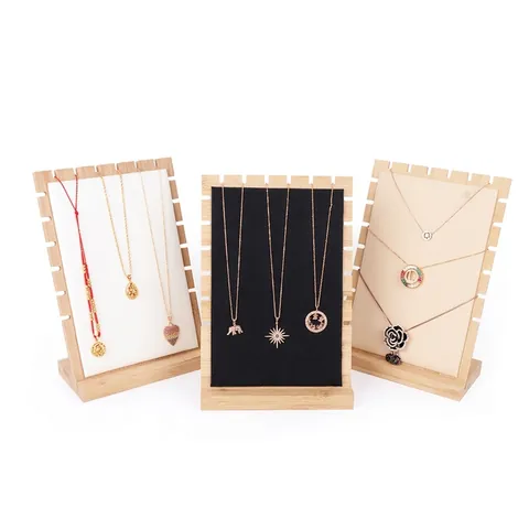 Necklace Display Stand Bamboo Wood Velvet PU Leather Pendant Jewelry Organizer Showcase Detachable Countertop Multi Slot