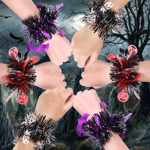 Pulseras Snap Halloween PET Papel Metálico Con Calabaza Murciélago Esqueleto Para Regalo De Fiesta Disfraz