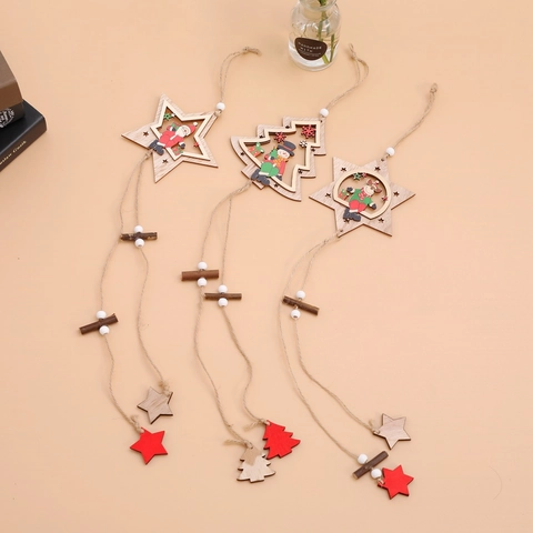 Christmas Hanging Ornaments Wooden Hollow Star Tree Painted Santa Snowman Reindeer Holiday Home Decor With Hemp Rope Wood Beads