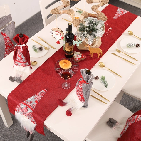 Christmas Gnome Table Runner 3D Swedish Rudolph Knitted Faux Linen Holiday Dining Decor
