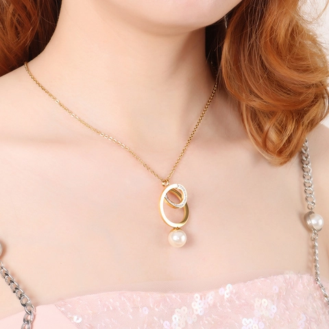 Collar Con Colgante De Círculos Entrelazados De Acero Inoxidable Y Pendientes Con Perla Artificial De Concha Blanca Joyería Mujer