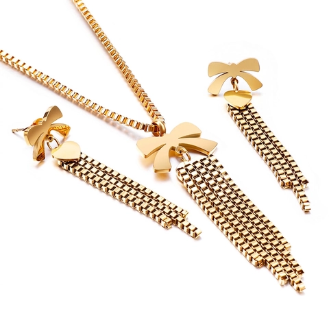 Gioielli Elegante Con Fiocco E Cuore Nappa Collana E Orecchini Per Donna Acciaio Inossidabile Catena Lunga