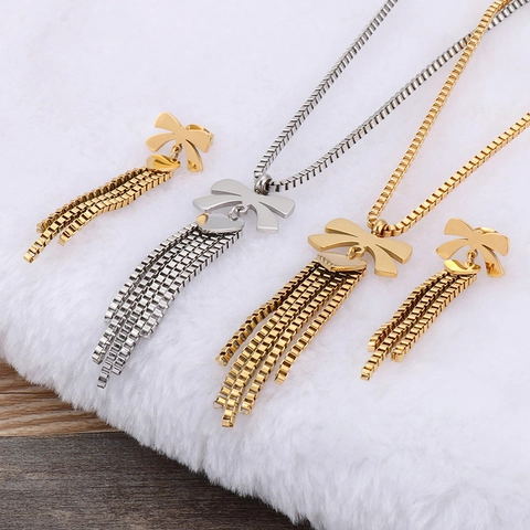 Gioielli Elegante Con Fiocco E Cuore Nappa Collana E Orecchini Per Donna Acciaio Inossidabile Catena Lunga