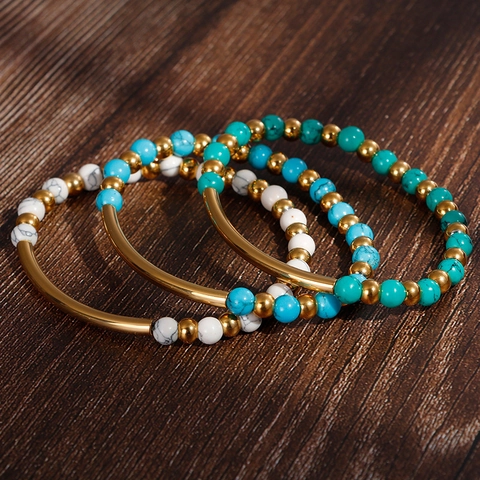 Beaded Bracelet Stainless Steel Curved Tube Natural Stone Turquoise Lava Rock Tiger Eye Beads Elastic Minimalist Jewelry