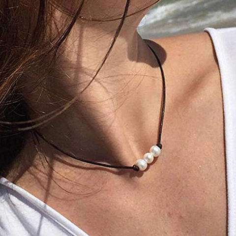 Collier Ras Du Cou Künstliche Perles Cordon Cuir Fait Main Style Bohème Mode Bijoux Élégants Femmes