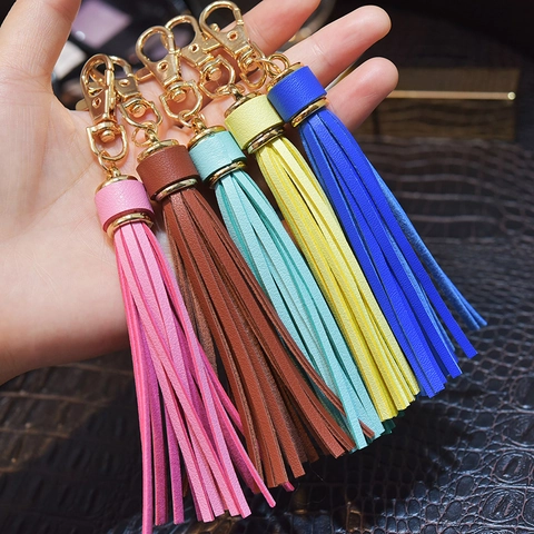 PU Leather Tassel Keychain Long Fringe Bag Charm Gold Metal Lobster Clasp Key Ring Accessories For Women Handbag Decoration