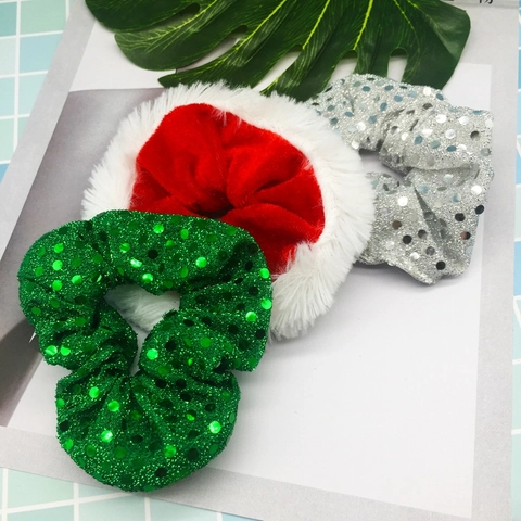 Coleteros De Navidad Lentejuelas Terciopelo Piel Sintética Elásticos Pelo Mujeres Niños Fiesta Tocado Rojo Verde Plata