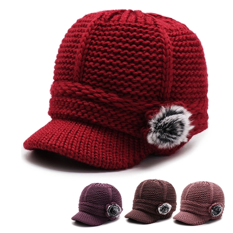 Damen Winter Strickmütze Mit Schirm Verdicktes Plüschfutter Warme Wollmütze Seitlicher Bommel Für Ältere Mütter