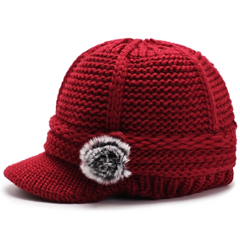 Damen Winter Strickmütze Mit Schirm Verdicktes Plüschfutter Warme Wollmütze Seitlicher Bommel Für Ältere Mütter