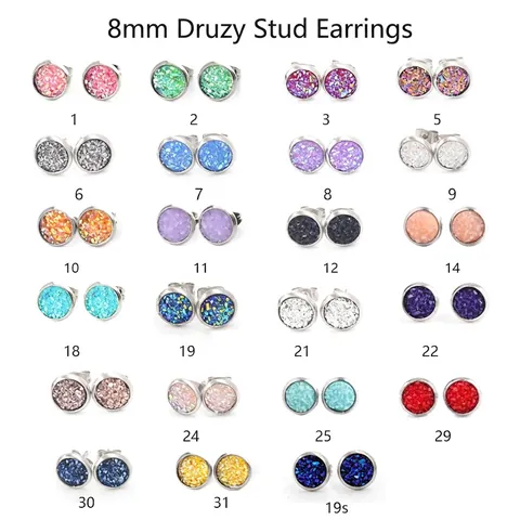 Round Stainless Steel Stud Earrings Druzy Sparkle Starry Sky Texture Colorful Hypoallergenic Jewelry For Women Children