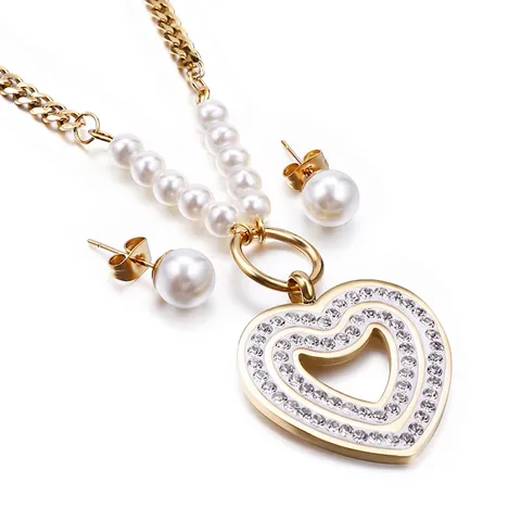 Elegante Collar De Corazón Y Pendientes De Perlas Artificiales De Acero Inoxidable Con Zirconia Y Colgante De Doble Corazón Hueco Joyas Para Mujer