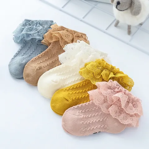 Girls Layered Lace Socks Combed Cotton Breathable Mesh Hollow Princess Style Toddler Baby Mid Calf