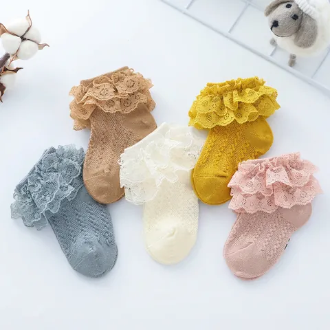Girls Layered Lace Socks Combed Cotton Breathable Mesh Hollow Princess Style Toddler Baby Mid Calf
