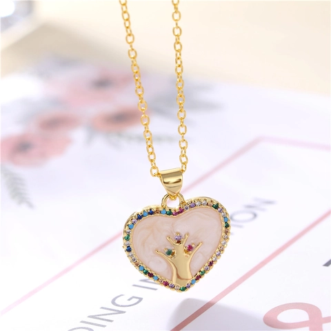 Collana Pendente Cuore Albero Della Vita Rame Placcato Oro 18K Zircone Colorato Smalto Stile Natura Donne