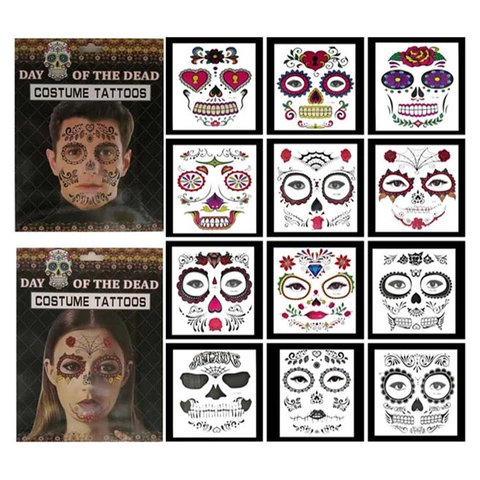 Day Of The Dead Face Tattoo Stickers Halloween Mexican Sugar Skull Floral Skeleton Temporary Makeup For Masquerade Cosplay